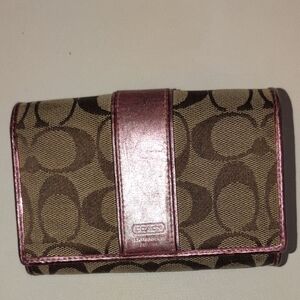 Coach Signature Brown and hand painted Metallic Pink Trim  Wallet